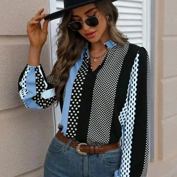 Polka Dot Notched Neckline Blouse - Picture 1 of 6